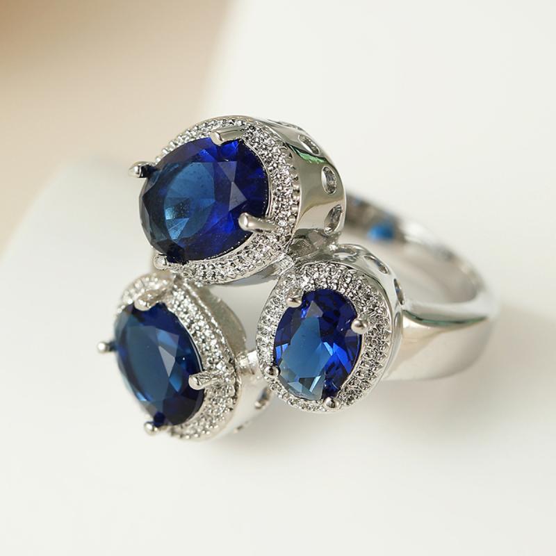 18K White Gold 3-Stone Blue Sapphire And Diamond Ring, Size 6.5  |  Womens Rings Jewelry Rings