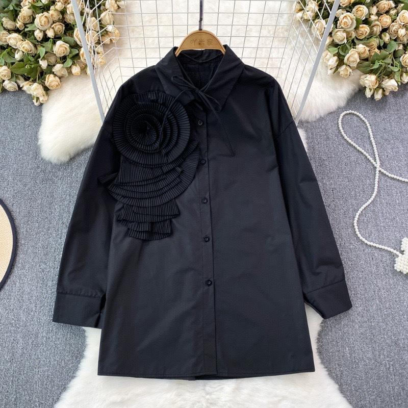 Button-Down Rosette Shirt  |  Womens Evening Clothing BLACK