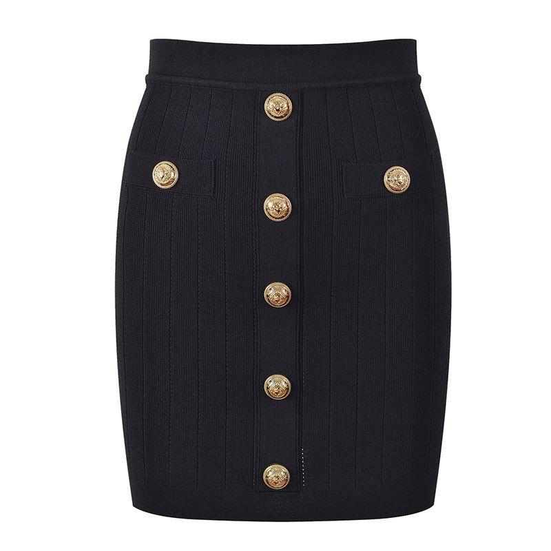 Buttoned Vichy Knit Mini Skirt  |  Womens Evening Clothing BLACK