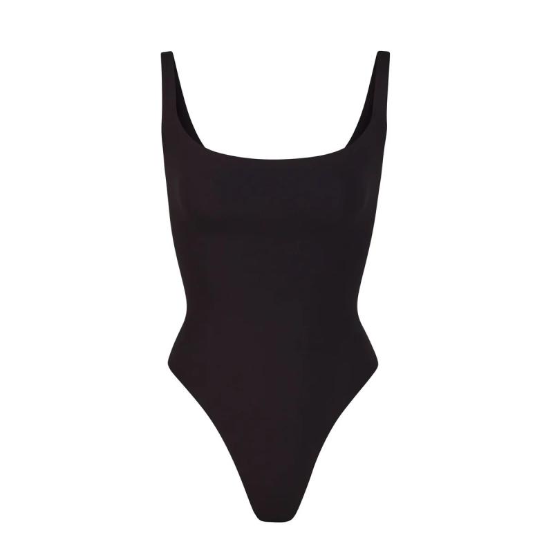 Cap-Sleeve Neoprene Thong Bodysuit  |  Womens Lingerie & Shapewear Clothing BLACK