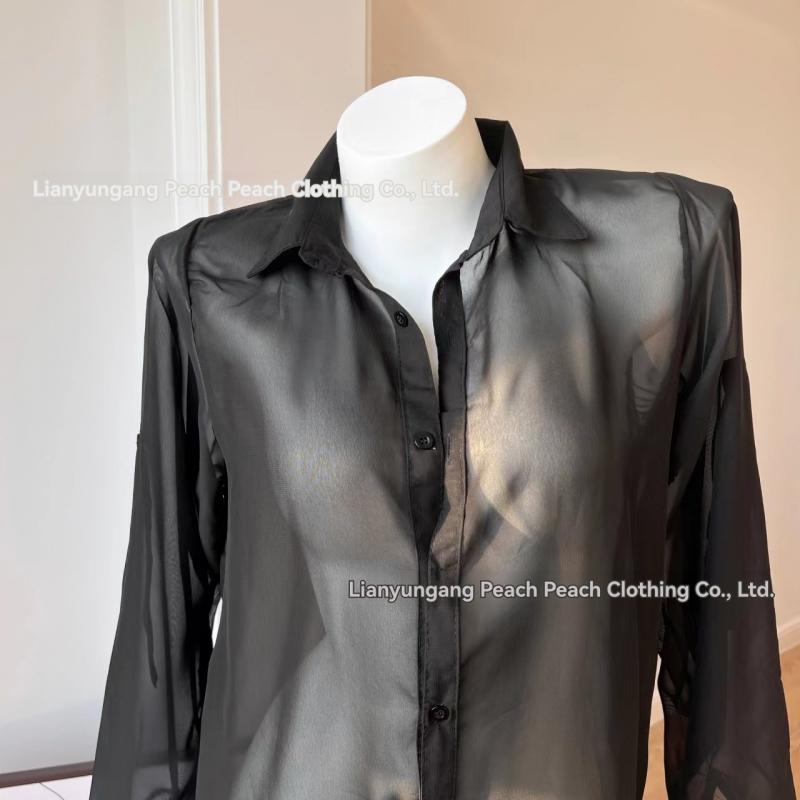 Contrast Collar Sheer Chiffon Shirt  |  Womens Tops Clothing BLACK