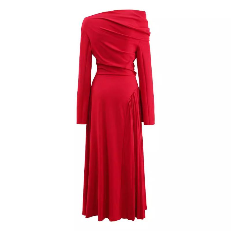 Draped Long-Sleeve Off-The-Shoulder Trumpet Gown  |  Womens Evening Clothing Evening