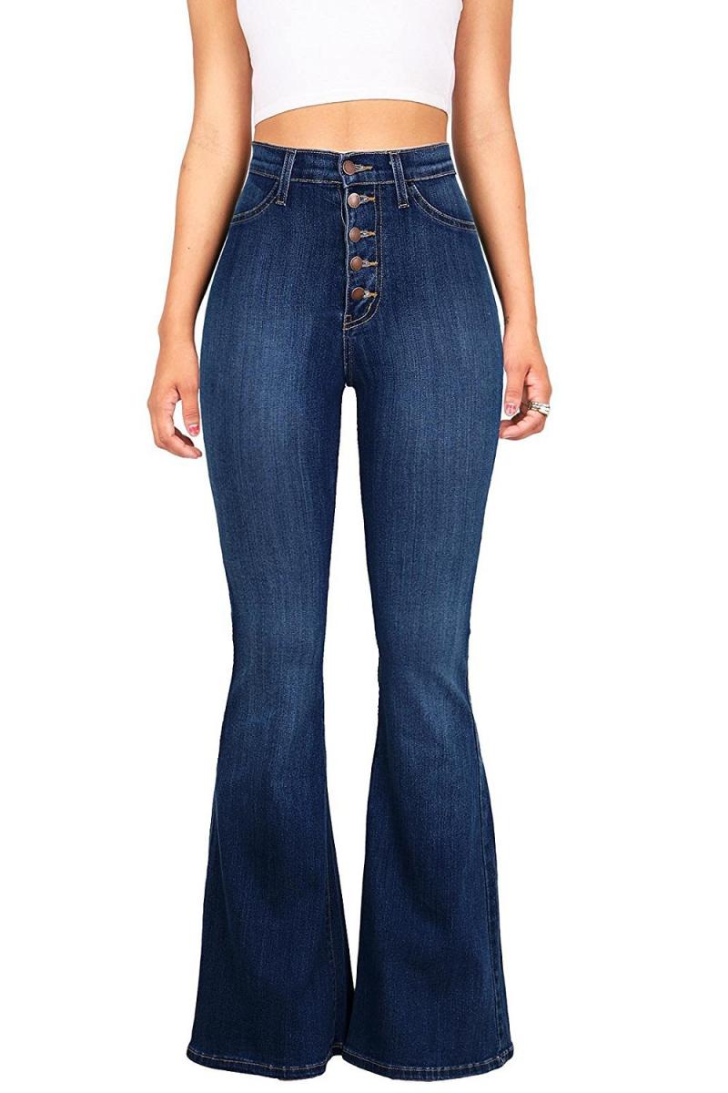 Exposed Button Wide-Leg Denim Jeans  |  Womens Jeans Clothing 57-VINTAGEBLUE