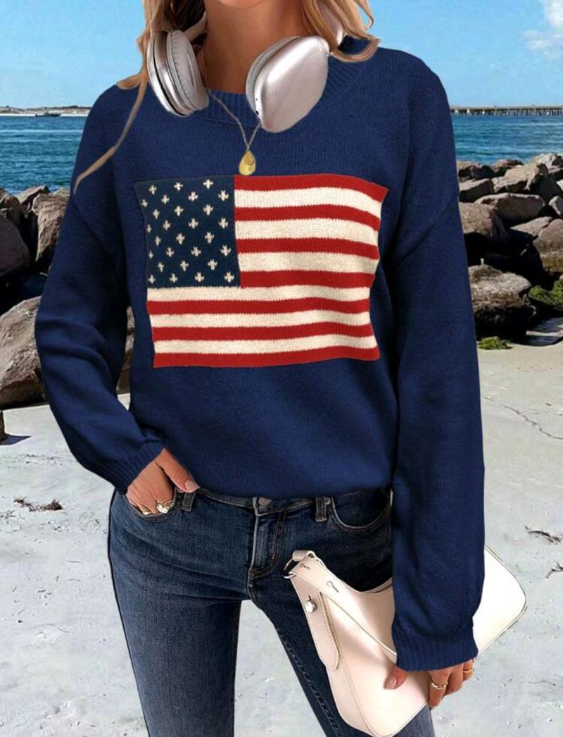 Flag Cotton Crewneck Sweater  |  Womens Sweaters Clothing NAVY