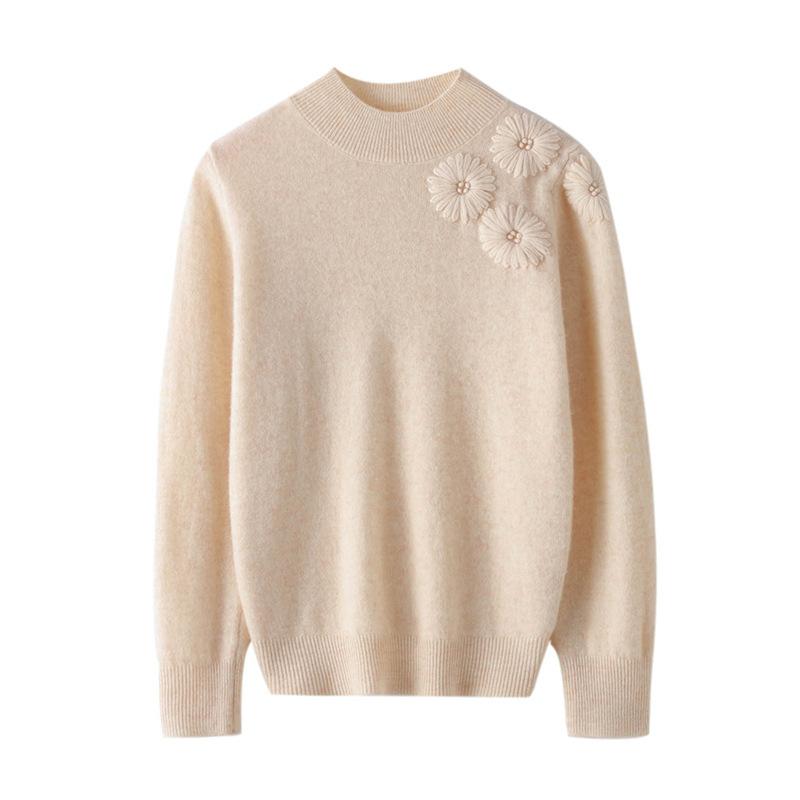 Floral-Embroidered Cashmere Crewneck Sweater  |  Womens Sweaters Clothing CHALK