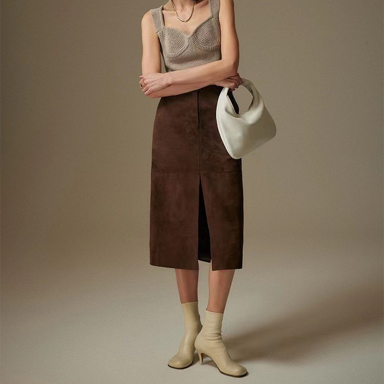 Front-Slit Suede Midi Skirt  |  Womens Tailored Suiting Clothing C1658 BARK