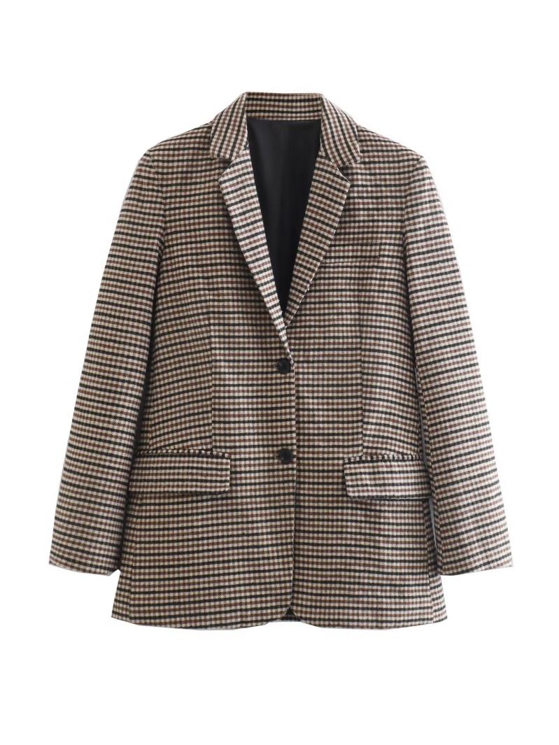 Houndstooth Shetland Tweed Wool Boyfriend Blazer  |  Womens Tailored Suiting Clothing BEIGE-COGNAC-BLACK