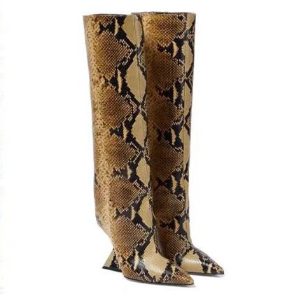 Ines Snakeskin-Embossed Knee-High Comma-Heel Boots  |  Womens Boots Boots Boots