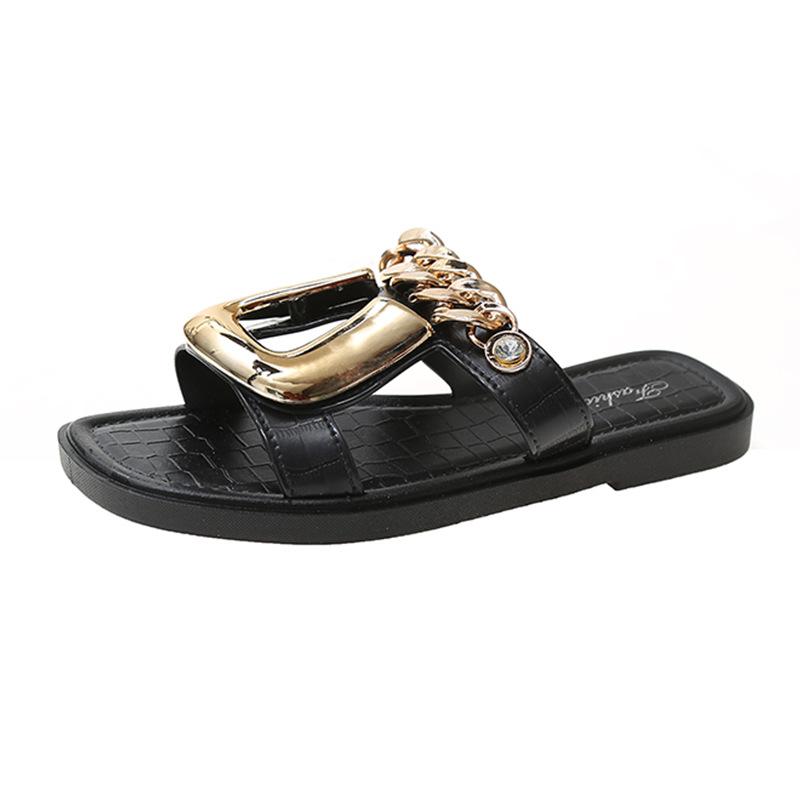 Leather Buckle Flat Slide Sandals  |  Womens Sandals Sandals NERO