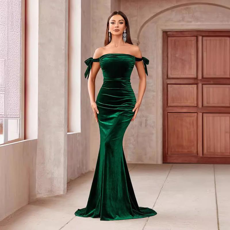 Off-Shoulder Stretch Velvet Gown  |  Womens Evening Clothing Evening