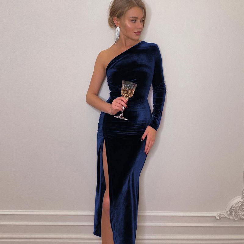 Off-The-Shoulder Stretch Velvet Long-Sleeve Gown  |  Womens Evening Clothing Evening