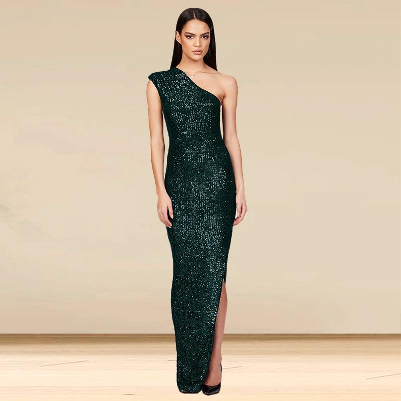 One-Shoulder Sparkle Jacquard Column Gown  |  Womens Evening Clothing EMERALD