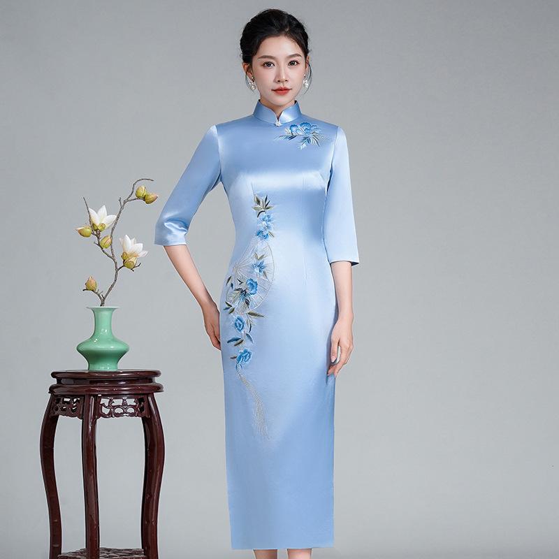 Orchid Embroidered Long-Sleeve Cady Gown  |  Womens Evening Clothing Evening