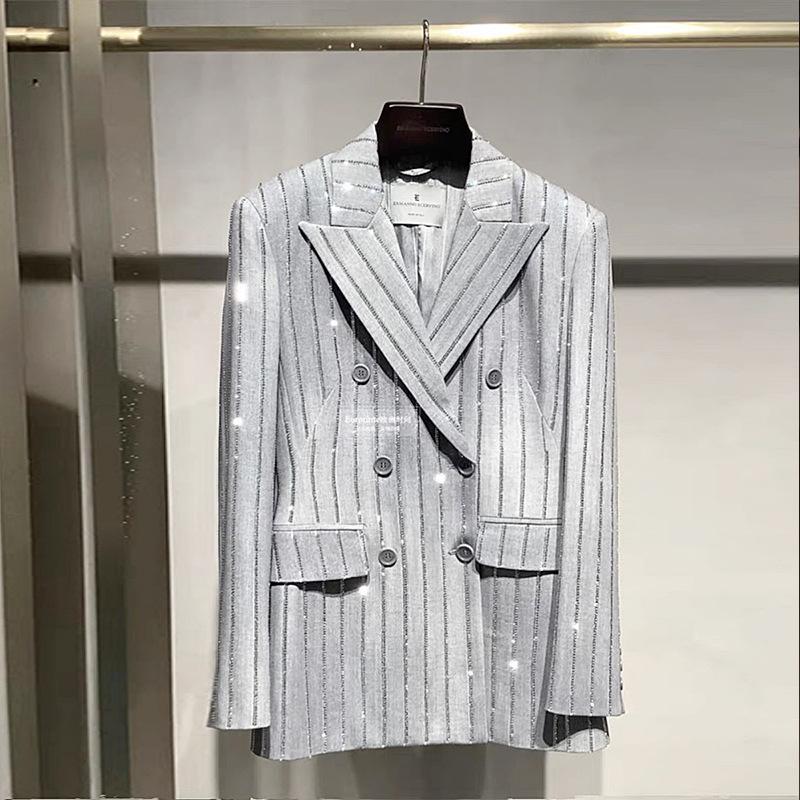 Panama Pinstripe Double-Breasted Jacket  |  Womens Tailored Suiting Clothing C011 WHITE GREY