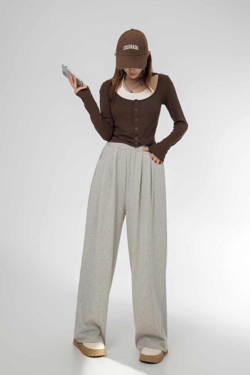 Pinstripe Cotton Wide-Leg Pull-On Trousers  |  Womens Tailored Suiting Clothing C023 BROWN WHITE