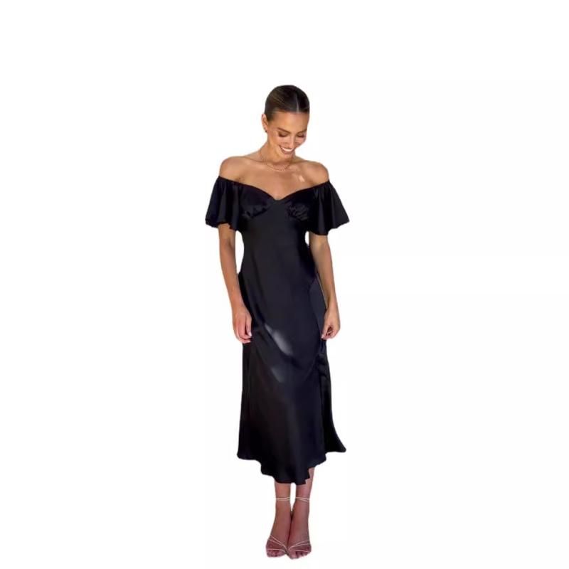 Rebla Ruffle-Slits Laced Satin Maxi Dress  |  Womens Evening Clothing BLACK