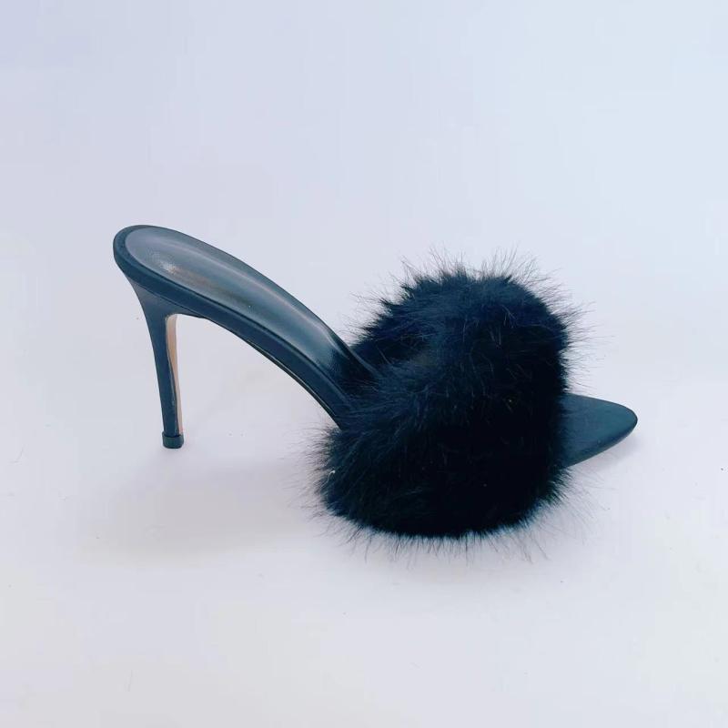 Ricca Feather Pom Mule Sandals  |  Womens Mules & Slides Mules & Slides BLACK SATIN