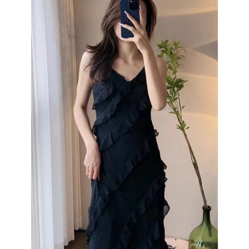 Sleeveless Ruffled Slip Dress  |  Womens Dresses Clothing BLACK