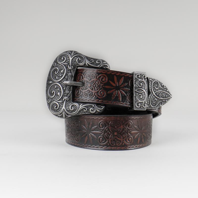 Tooled-Buckle Calf-Suede & Calfskin Belt  |  Womens Belts Accessories Belts